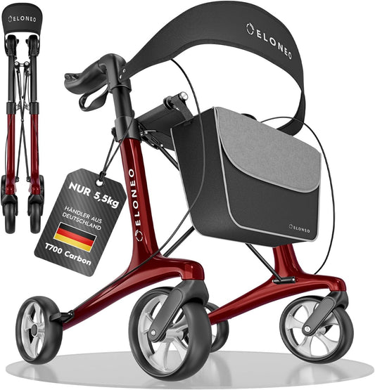 Carbon rollator inklapbaar lichtgewicht met zit, lichtgewicht reisrollator 5,5 kg, loophulp voor senioren 9-voudig in hoogte verstelbaar, inklapbare loopwagen, met tas & parapluhouder
