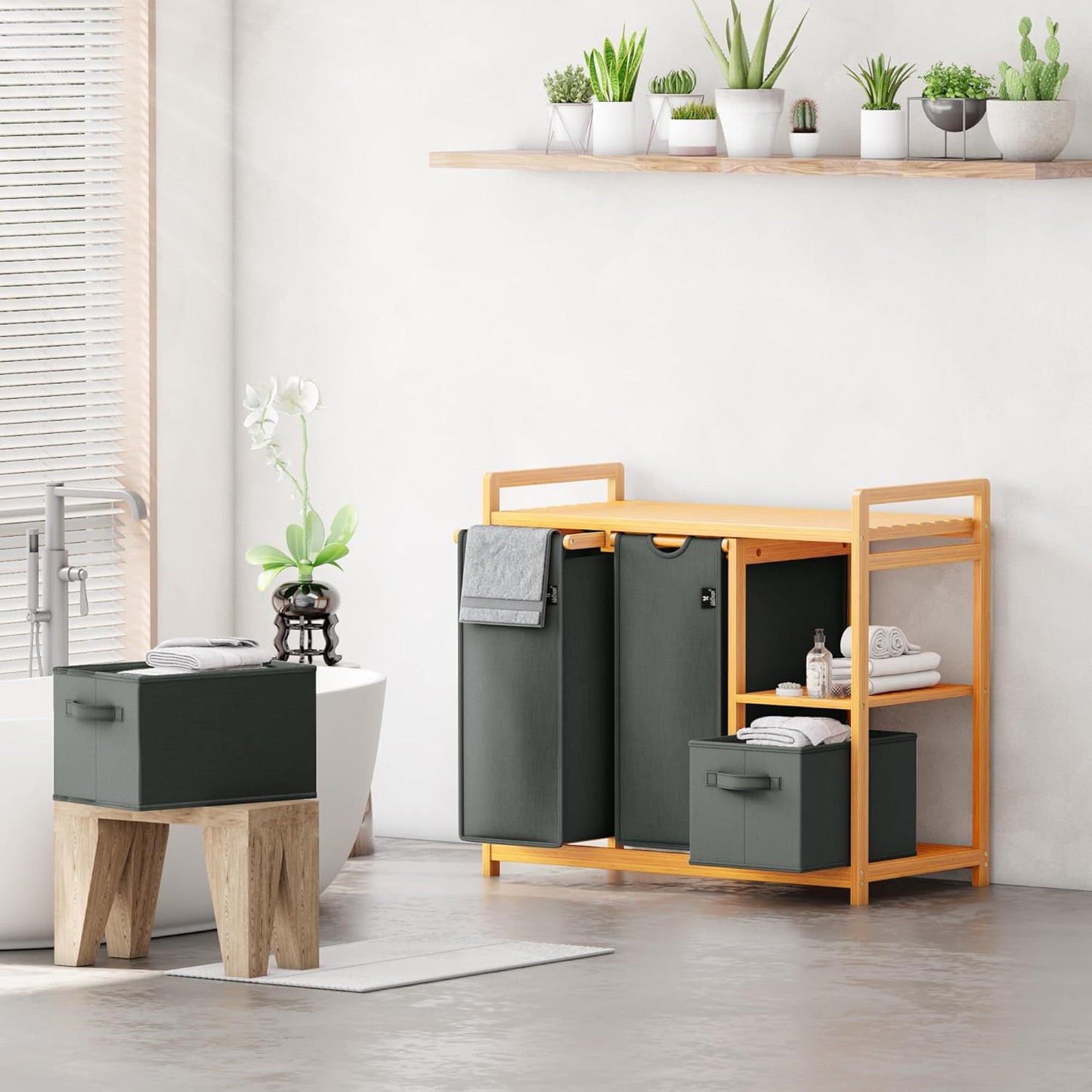 ADEL DREAM Wasmand, 4 vakken, wasverzamelaar, 140 liter, wasboxen met mand, wassorteerder met 2 waszakken en 2 stoffen boxen met plank, waszak, bamboe, wasrek, wasbox, laundry basket, donkergrijs