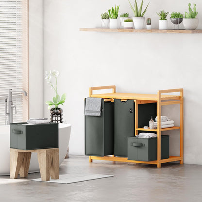 ADEL DREAM Wasmand, 4 vakken, wasverzamelaar, 140 liter, wasboxen met mand, wassorteerder met 2 waszakken en 2 stoffen boxen met plank, waszak, bamboe, wasrek, wasbox, laundry basket, donkergrijs