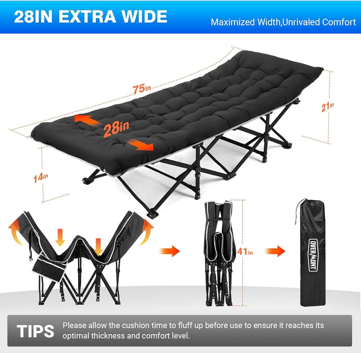 OVERMONT Campingbed, opvouwbaar, met matras, opklapbed, 190 x 71 x 36 cm, draagkracht 250 kg, Oxford-weefsel 2400D, met zijzak, draagtas voor camping, tuin, kantoor, blauw/zwart