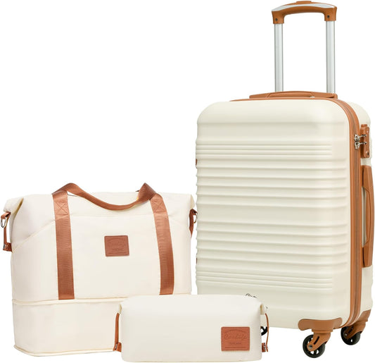 COOLIFE Kofferset, trolley, koffer, ABS, harde schaal, reiskoffer, 4 wielen, TSA-slot, intrekbare trolley, de koffer bevat 1 reistas en 1 toilettas, wit/bruin., Handgepäck-Set 3tlg