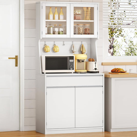Hzuaneri Kitchen Cabinet, Buffet Cabinet, Tall Cabinet with Worktop and 4 Storage Compartments, Adjustable Shelves, Suitable for Kitchen or Living Room, 40 x 75 x 180 cm, Hemp White, PT40003XV1
