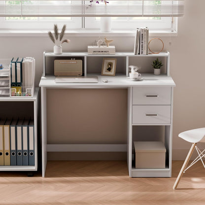 Mondeer Wit computerbureau met 2 laden en opbergplanken, 105 x 48 x 94 cm, laptop studeertafel voor kleine ruimte thuiskantoor werkstation