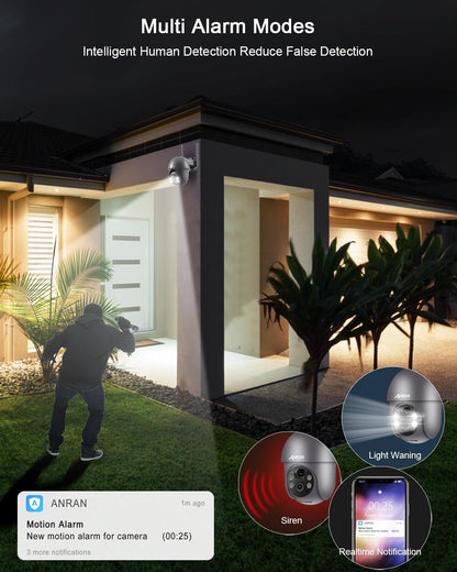 ANRAN 2K HD Bewakingscamera Batterij Buiten Wi-Fi, 360 Graden Draaibare Draadloze Bewakingscamera met Zonnepaneel, PIR Bewegingsdetector met Overstromingslicht, 2-Weg Audio, Nachtzicht, Q01 Grijs