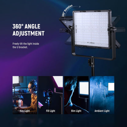 NEEWER 2-pack PL60C RGB videolamp LED-paneel continu licht set met 2 m licht statief/tas APP/2,4 G/DMX besturing 60W 23000Lux/0,5 m 2500K-10000K 18 scènes RGBCW Pro fotografie studioverlichting