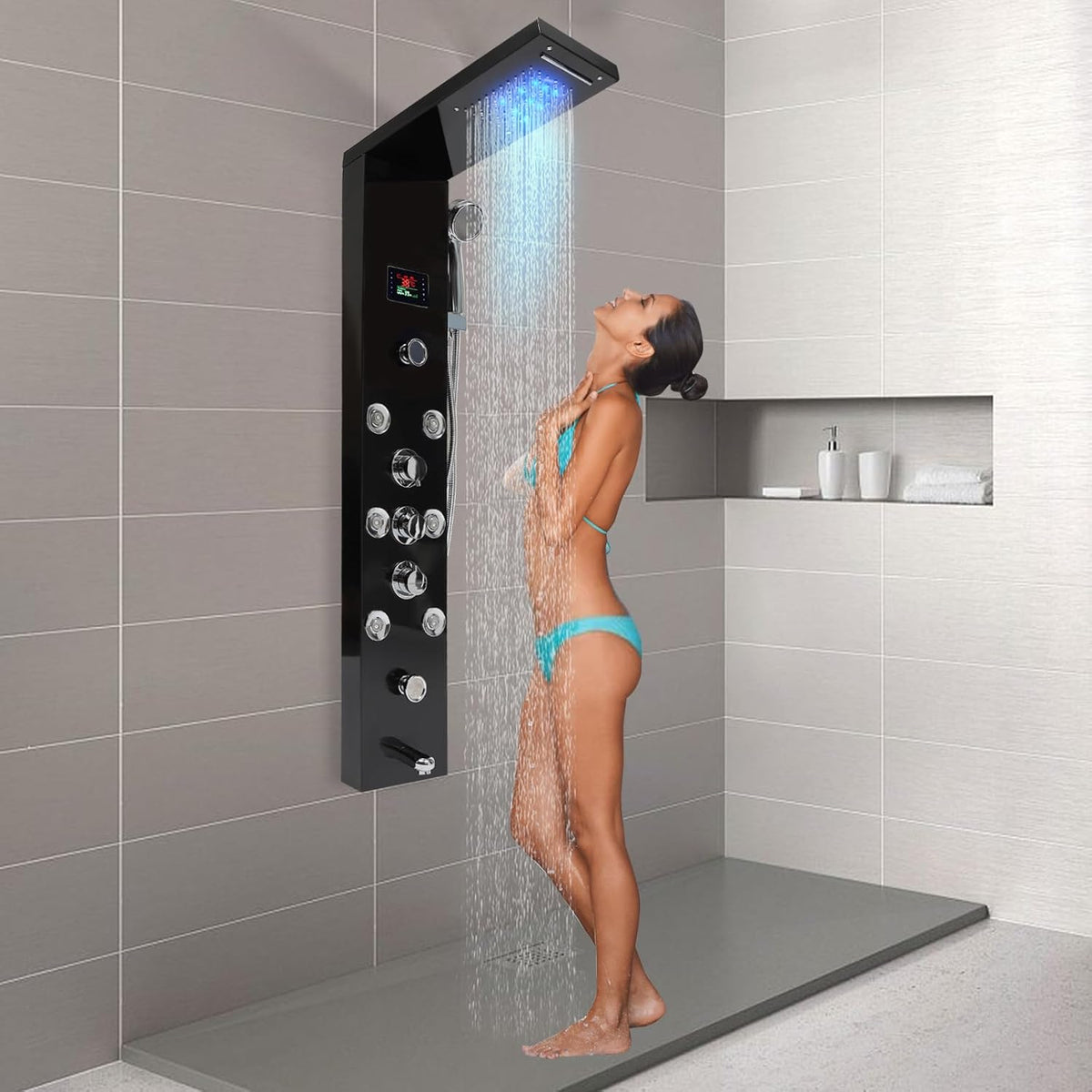 Douchepaneel – Douchekolom – Douchewand – Thermostaatkraan – Regendouche – RVS Zwart – LED Temperatuurweergave – 6 Waterstanden
