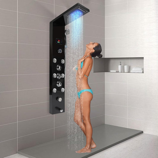 Douchepaneel – Douchekolom – Douchewand – Thermostaatkraan – Regendouche – RVS Zwart – LED Temperatuurweergave – 6 Waterstanden
