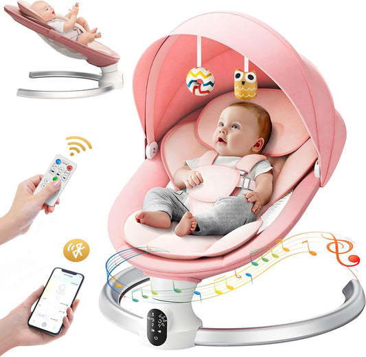 Electric Baby Rocker 0-9 kg Swing with Remote Control and Bluetooth, 5 Swing Widths and 5-Point Safety Belt, Insect Net (Pink) - QUORE