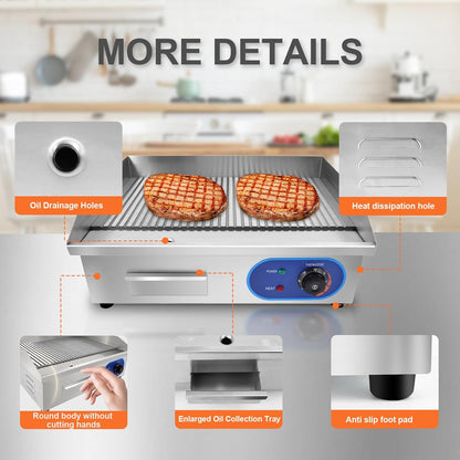 TAIMIKO Elektrische grillplaat, 3000 W, commercieel werkblad, gegroefde grillplaat, hete plaat, elektrische grill, tafelgrill, geribbeld oppervlak, barbecue, steaks, worstjes