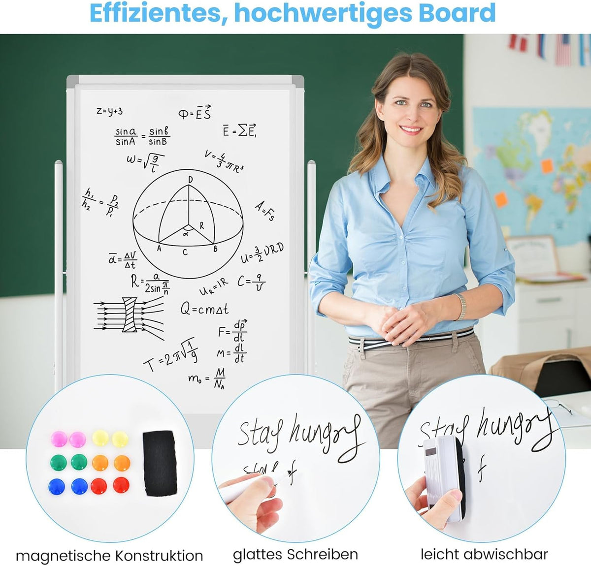 FANTASK Dubbelzijdig mobiel whiteboard, 60 x 100 cm, in hoogte verstelbaar magnetisch whiteboard met wieltjes, standaard en pennenbakje, incl. accessoires voor school, kantoor, thuis (wit)