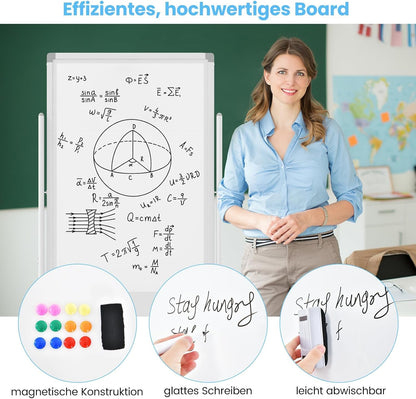 FANTASK Dubbelzijdig mobiel whiteboard, 60 x 100 cm, in hoogte verstelbaar magnetisch whiteboard met wieltjes, standaard en pennenbakje, incl. accessoires voor school, kantoor, thuis (wit)