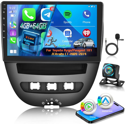 4G+64G 8 Core Qualcomm Car Radio for Toyota Aygo/Peugeot 107/Citroen C1 2004-2014 with Wireless Carplay & Android Auto, 9 Inch Android Car Stereo with WiFi/GPS/Bluetooth 5.1/DPS Hi-Res/FM RDS Radio
