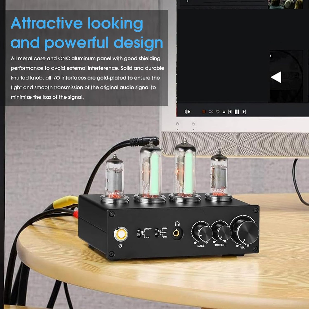 Phono-Voorversterker Met Buizen – Platenspeler Voorversterker – RIAA Voorversterker – MM/MC Voorversterker – Hifi Voorversterker – 3,5 Mm Koptelefoonaansluiting – Treble En Bassregeling