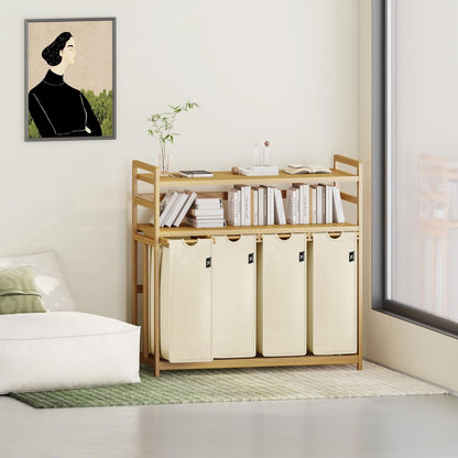 AdelDream Wasmand, 200 liter, 4 vakken, uittrekbare en afneembare waszak, wasmand, bamboe frame, wasmand, wasmand, wasmand, wasmand, wasmand, wasmand, wassorteerder, bamboe (beige-12-8)