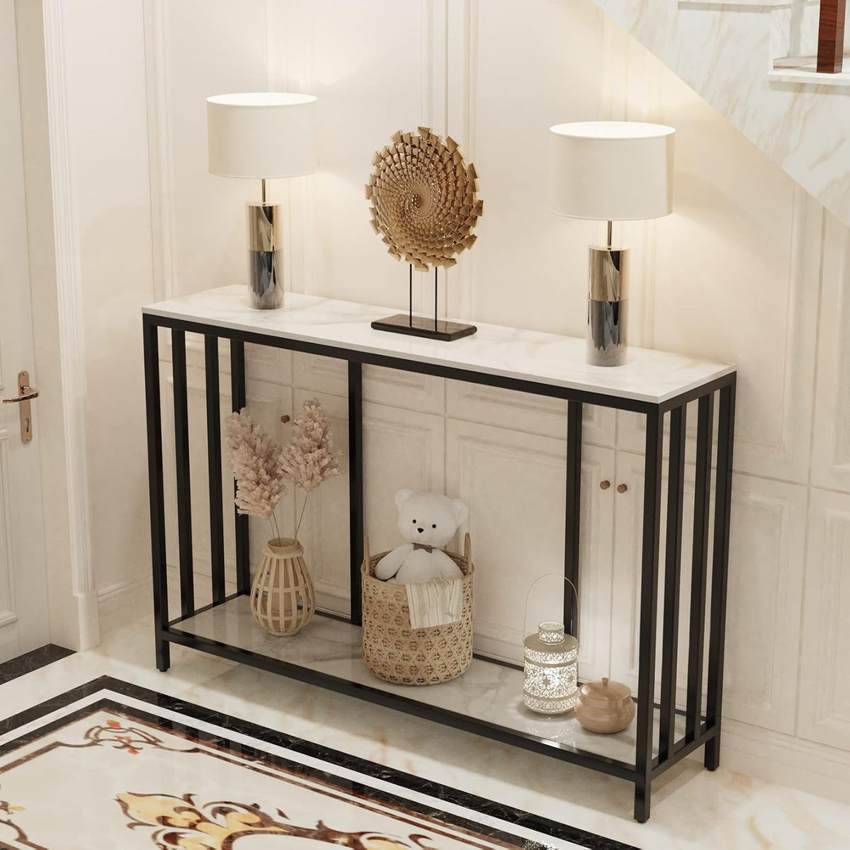 FATIVO 2-laags consoletafel gangunit: marmeren blad consoles bureau 120x30x78cm lang hoogglans gesinterde steen marmer zwart frame frame smalle hoge moderne bank opslag bijzettafels woonkamer