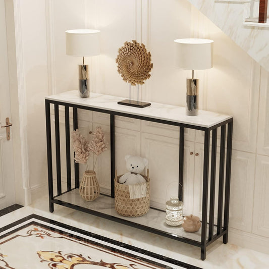 FATIVO 2-laags consoletafel gangunit: marmeren blad consoles bureau 120x30x78cm lang hoogglans gesinterde steen marmer zwart frame frame smalle hoge moderne bank opslag bijzettafels woonkamer