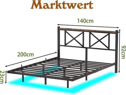 Bed met ledverlichting, modern zwevend bedframe met stopcontact en USB-oplaadfunctie, zwart, 140 x 200 cm