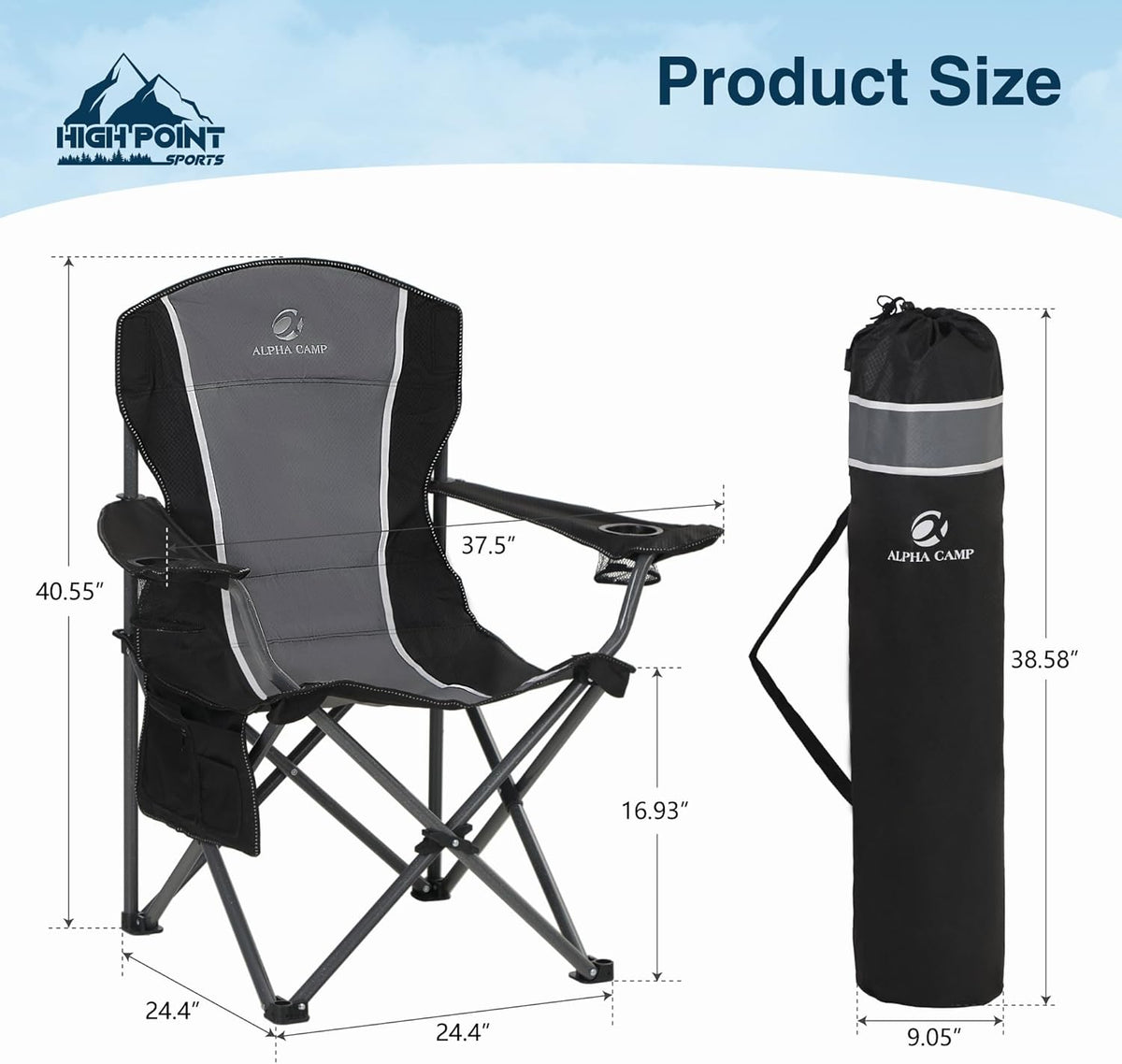 HIGH POINT SPORTS Campingstoel, opvouwbare visstoel, inklapbaar, belastbaar tot 160 kg, klapstoel met armleuning, bekerhouder, stalen frame, draagbare campingstoel, zwart-grijs, 2 stuks