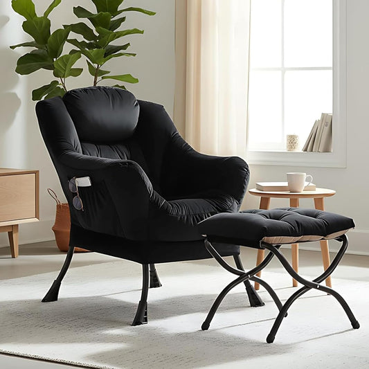 Comfortabele fauteuil met voetenbank, Lazy Chair met ottomane, vrijetijdsaccentstoel, relax-loungestoel met armleuningen en zijzak voor woonkamer, slaapkamer en kleine ruimtes, zwart