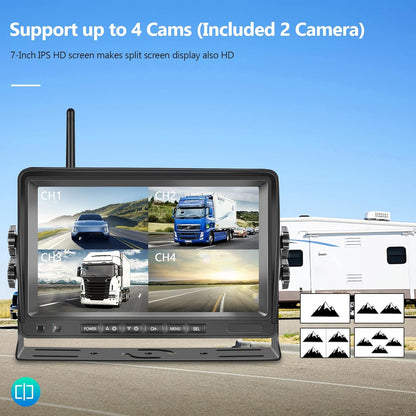Hodozzy Digitale achteruitrijcamera, draadloos, video-opname, IPS-monitor 7 inch, AHD, 2 camera's, SD-kaart, waterdicht, nachtzicht, auto