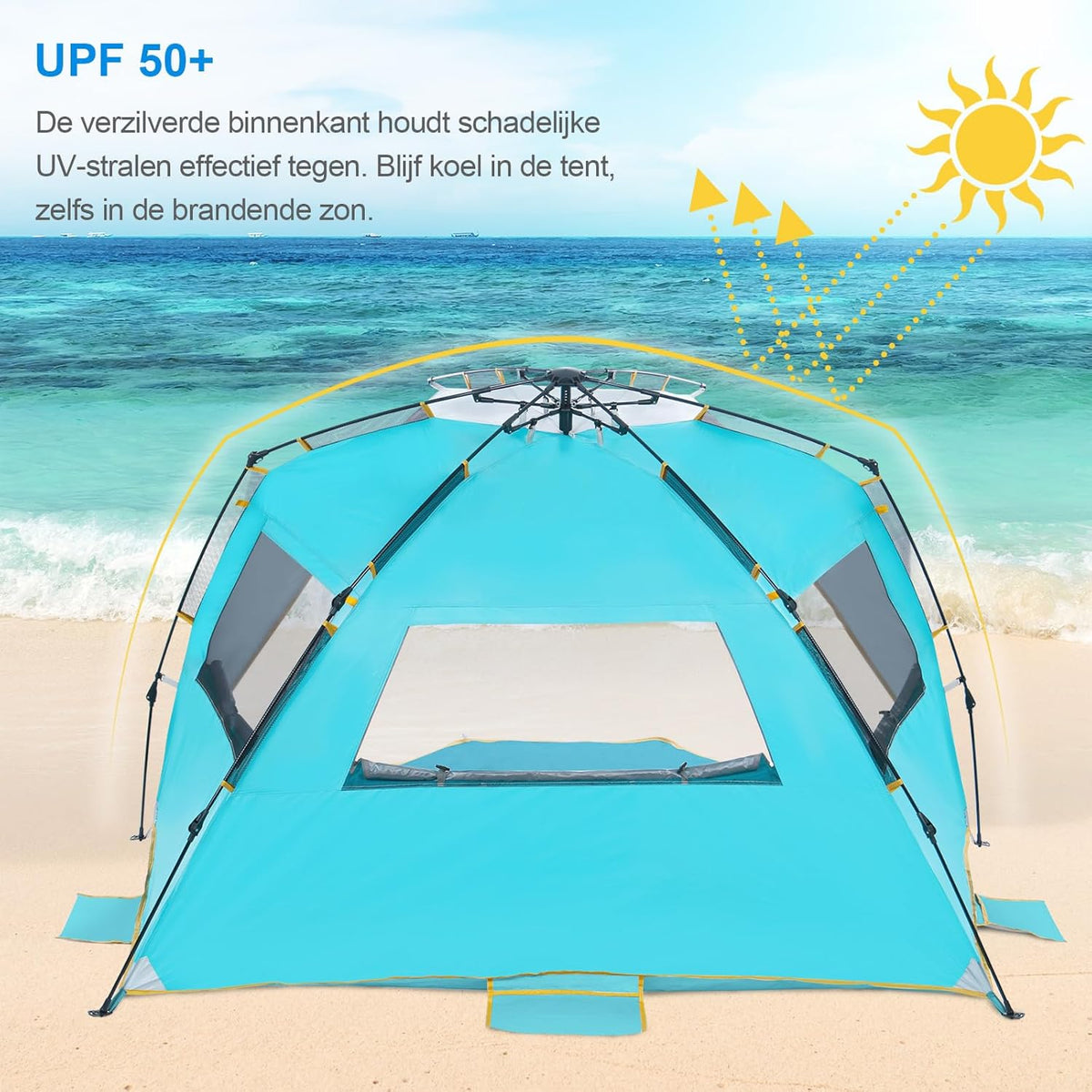 Wolfwise 4-5 Persoons Makkelijk Opzetten Strandtent UPF 50+ Draagbare Instant Zonwering Luifelparaplu met Verlengde Veranda met Ritssluiting, Blauw