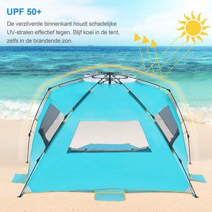 Wolfwise 4-5 Persoons Makkelijk Opzetten Strandtent UPF 50+ Draagbare Instant Zonwering Luifelparaplu met Verlengde Veranda met Ritssluiting, Blauw