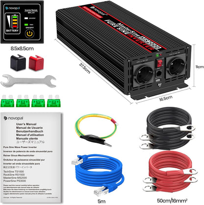Zuivere Sinusomvormer – Spanningsomvormer – Auto-Omvormer – DC-AC Omvormer – Spanningsconverter – 2000W 12V DC Naar 230V/240V AC – 2 EU Stopcontacten Met 5 Meter Bedrade Afstandsbediening