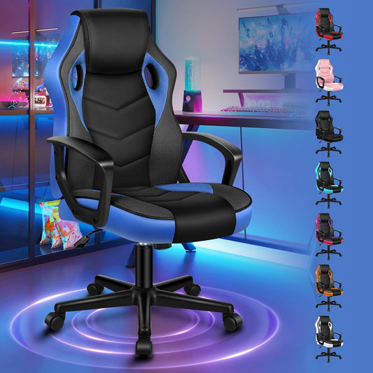 ALFORDSON Gamingstoel, PC-computer racestoel, ergonomische draaibare bureaustoel met wielen, gemaakt van PU-leer en stof, blauw