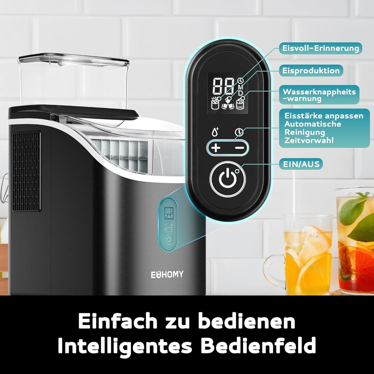 EUHOMY IJsblokjesmachine voor op het werkblad, 15 kg ijsmachine, ijsmachine, 2 liter ijsblokjesmachines, 16 ijsblokjes in 13 minuten, zelfreinigende ijsblokjesmaker voor thuis/keuken/kantoor, zwart