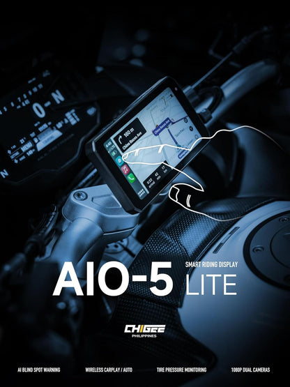 CHIGEE AIO-5 Lite Auto GPS navigatiesysteem motorfiets Carplay BSD Starvis HDR 5 inch LCD 60 fps 5G Wi-Fi BT IP67 waterdicht 24H parkeermodus app