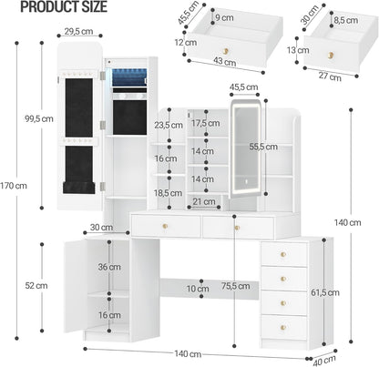 Hzuaneri Large Dressing Table with Lighting, Dressing Table with Makeup Mirror and Jewellery Cabinet, with 8 Open Spaces, 6 Drawers, 1 Storage Cabinet White DT41803XEU
