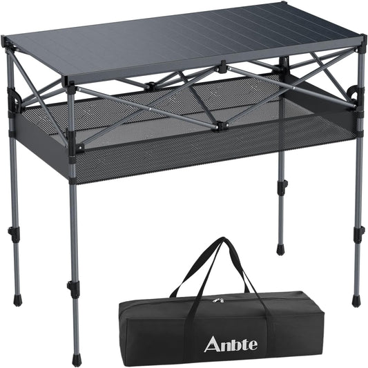 Anbte Campingtafel opvouwbaar, 2 verstelbare hoogte 86,9 cm, grote oprolbare campingtafel ondersteuning 119,7 kg met opbergmand en tas, aluminium buitentafel, voor picknick reizen Bbq, 100 x 50 cm
