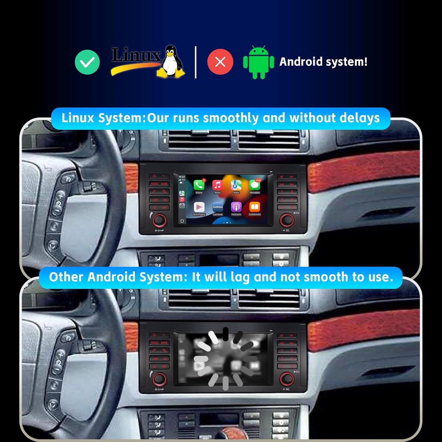 Autoradio voor BMW E39 E53 M5 met Draadloze CarPlay Android Auto Linux Systeem Snel Opstarten Vloeiend Werken Bluetooth USB FM AM IPS Touchscreen (BMW E39)