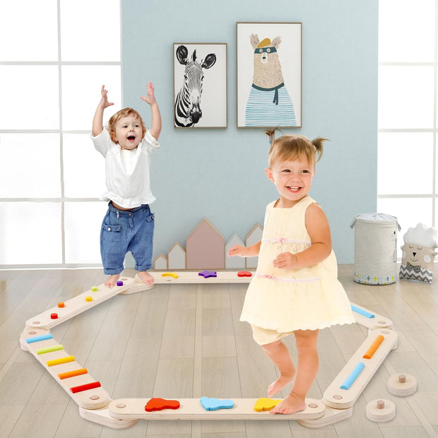 Balansbalk - Turnbalk - Evenwichtsbalk - Montessori Speelgoed - Zes Houten Balken - Ideaal voor Kinderen - Peuters - Betere Coördinatie - Alle Vormen - Evenwichtstraining - voor Binnen - Buiten - Bruin