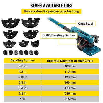 VEVOR Buisbuiger van 10 tot 25 mm, 7 ronde matrijzen voor buizen van koper, messing, aluminium, roestvrij staal