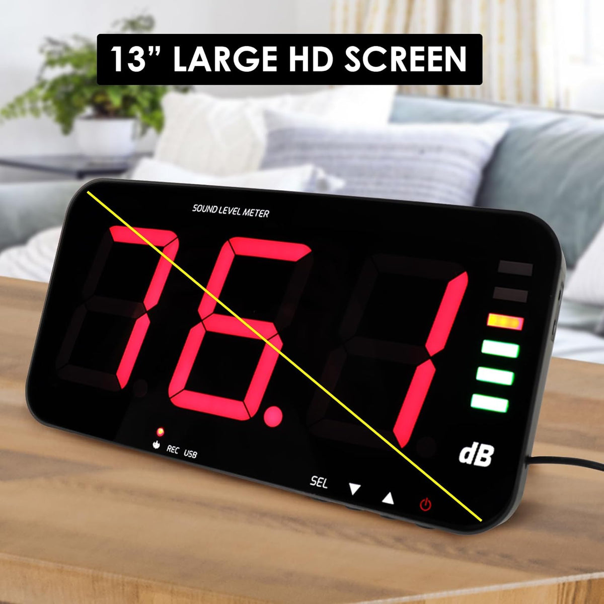 Decibel geluidsniveaumeter om op te hangen aan de muur, geluidsniveaumeter met 16,4 voet geluidssensor, akoestisch en visueel alarm geluidsmeter voor het bewaken van het niveau van