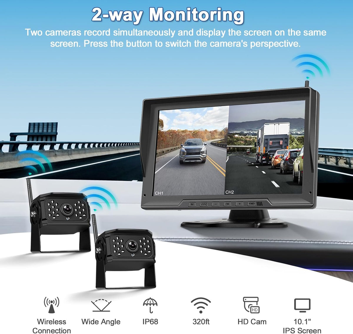 Digitale Achteruitrijcamera – Draadloze Parkeerhulp – Backup Camera – Camera Systeem – 10,1 Inch HD Monitor – IP68 Waterdicht – Nachtzicht - QUORE