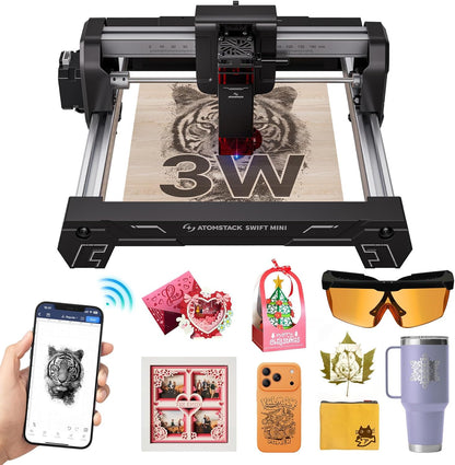 ATOMSTACK SWIFT MINI Laser Engraver 3 W for Beginners Fully Pre-Assembled Desktop Laser Cutter Machine 155×135mm Area, 0.04mm High Precision DIY Wood, Leather, Crafts, Acrylic, Gifts, Cards 3000mW