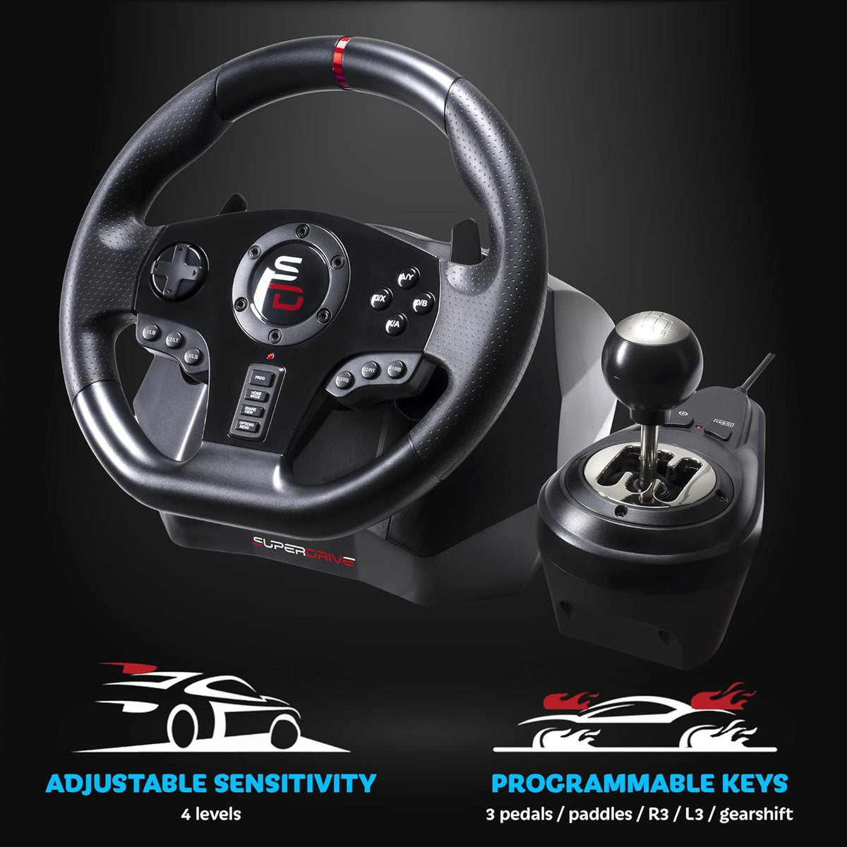 Racestuur – Racing Stuur – Game Stuur – Sim Racing Stuur – Handmatig 5 Versnellingen – 3 Pedalen met Peddelshifters – 270° Rotatie – Programmeerbaar Voor Xbox PS PC