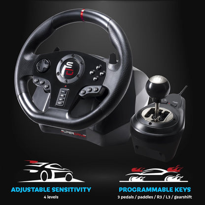 Racestuur – Racing Stuur – Game Stuur – Sim Racing Stuur – Handmatig 5 Versnellingen – 3 Pedalen met Peddelshifters – 270° Rotatie – Programmeerbaar Voor Xbox PS PC