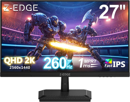 Z-Edge 27" IPS Gaming Monitor 260Hz(DP1.4×2), QHD (2560x1440), 1ms, FreeSync, 16:9 LED Monitor 2K, 144Hz (HDMI2.0×2), Adjustable Slope, 350cd/m², 8 bit, VESA 100x100mm (DP cable included)
