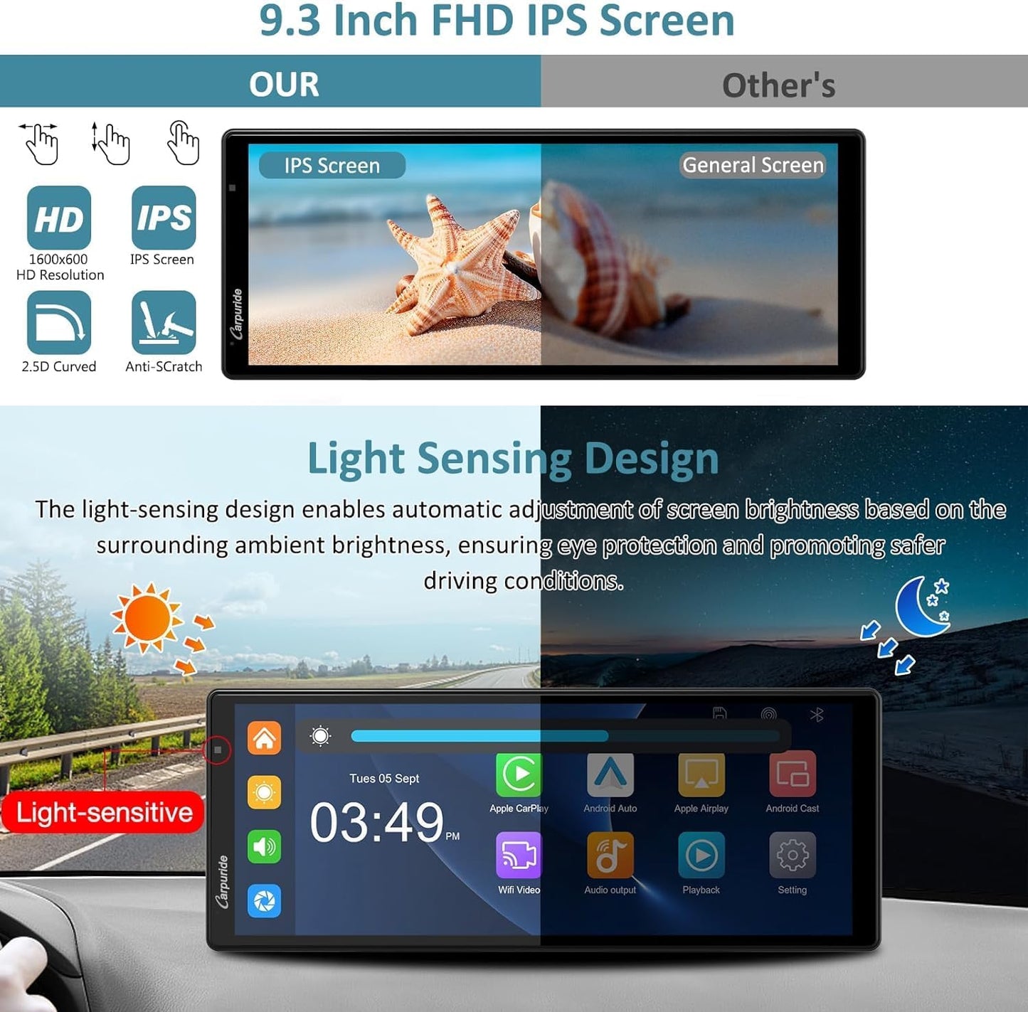 Autoradio Draadloze CarPlay – Android Auto Autoradio – Multimedia Systeem – Auto Entertainment – 9,3 Inch IPS Touchscreen – 4K Draaibare Dashcam & Achteruitrijcamera