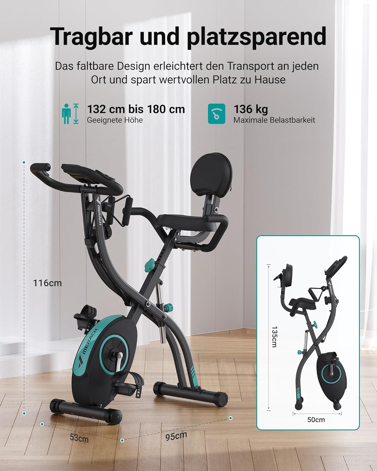 MERACH 4-in-1 hometrainer, fiets, inklapbaar, met lcd-monitor en hartslagmeting, magnetische ergometer, hometrainer met comfortabel zitkussen, fitnessfietsen voor thuis, ruimtebesparend