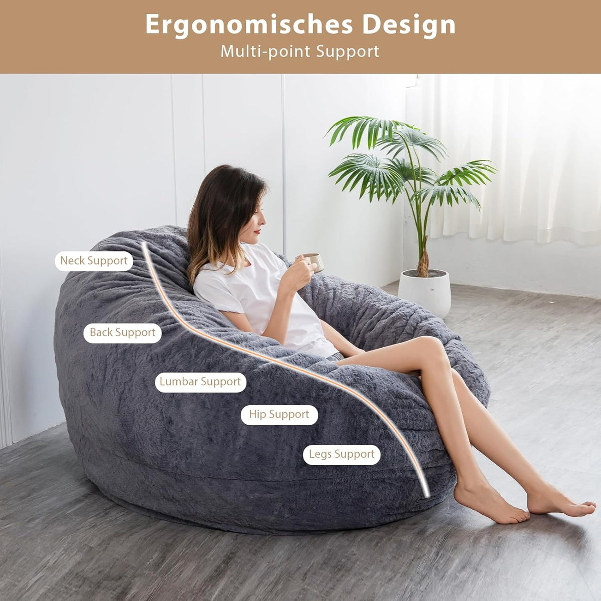 MAXYOYO Bean Bag Bed Charcoal Square Chair Sofa with Soft Cover and Filling, Ideal for Adults, Couples and Guests, Large, 150 x 150 cm