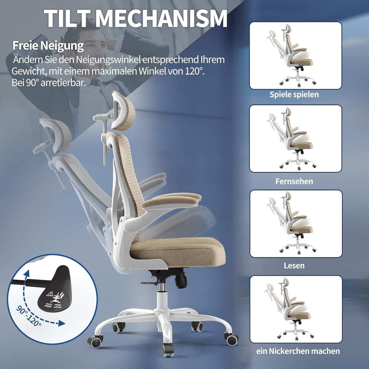 TRALT Bureaustoel - Ergonomische bureaustoel met verstelbare lendensteun hoofdsteun Office Desk Chair - Gaming stoel in X-vorm bureaustoel - Bureaustoelcomputerstoel 150kg Khaki