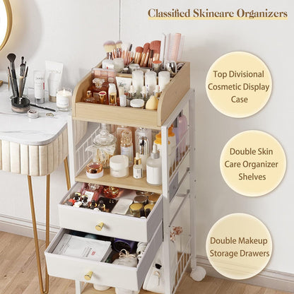 Bikoney Make-up-organizer met laden en wielen - staande wagen voor huidverzorging, parfum, nagellak, haargereedschap, grote cosmetische opbergunit voor slaapkamer of badkamer