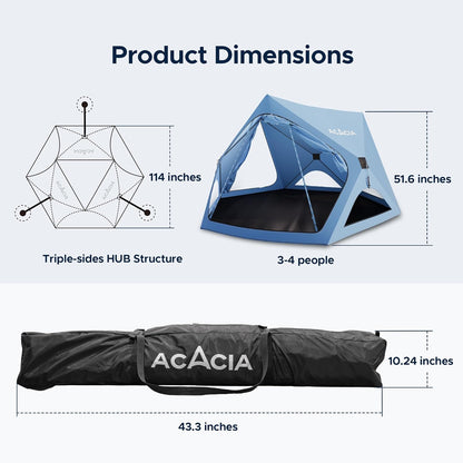 ACACIA Campingtent, pop-up campingtent met 8 ramen en voetafdruk, waterdicht, winddicht, eenvoudige installatie, huftent voor familie, kamperen, wandelen en glamping