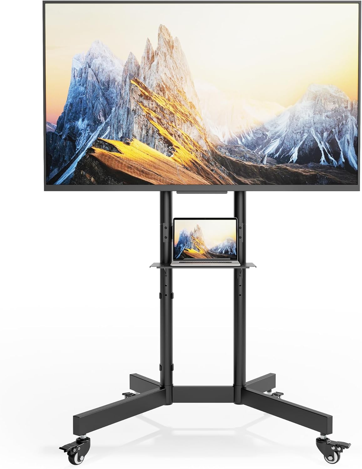 In hoogte verstelbare mobiele tv-standaard oprolbaar voor 32-86 inch televisie, tot 90 kg draagvermogen, helling +5°/-10°, veiligheidsvergrendeling, met wielen en plank, max. VESA 600x400mm