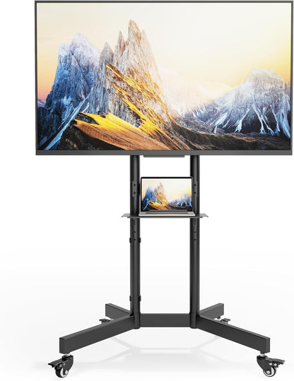 In hoogte verstelbare mobiele tv-standaard oprolbaar voor 32-86 inch televisie, tot 90 kg draagvermogen, helling +5°/-10°, veiligheidsvergrendeling, met wielen en plank, max. VESA 600x400mm