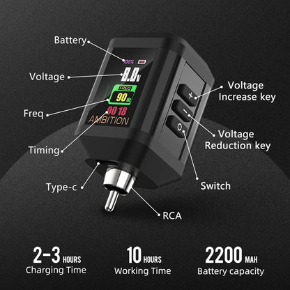 Ambition Lutin Rotary Tattoo Machine met Korall Tattoo Voeding 2200mAh Straight Drive Bar - Draadloze Tattoo Machine Korte Tattoo Pen met Brushless Motor met RCA-kabel voor tatoeëerder